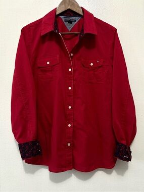 Tommy Hilfiger Red Button Down Shirt with Navy Floral Trim